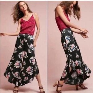 Anthropologie Elevenses Tansy Floral Ruffle Side Satin Pants Size 6